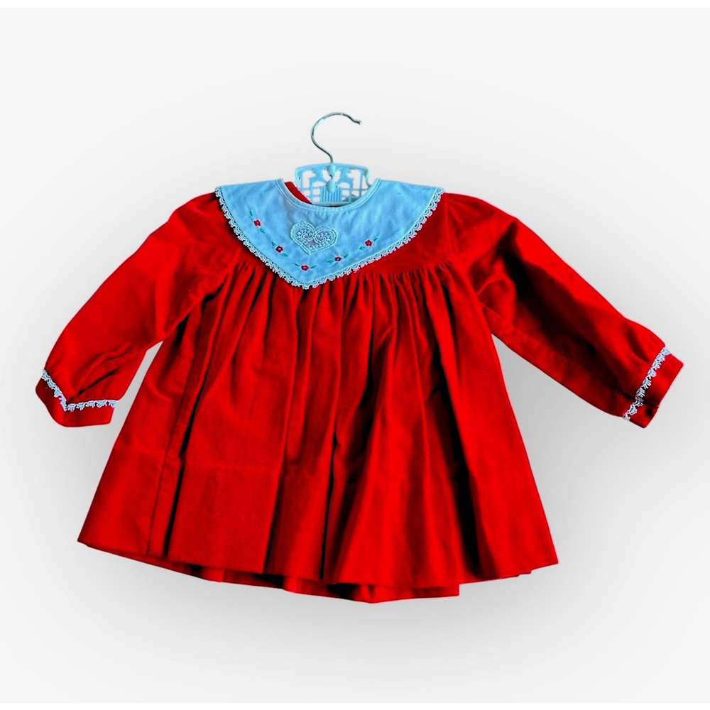 Vintage Red Velour Baby Christmas Shirt 18M White Lace Collar Holiday Top
